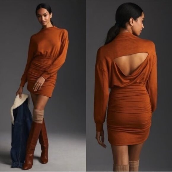 Daily Practice Rust Brown Ruched Mini Sweater Dress Open Back Long Sleeve Small - Picture 1 of 12